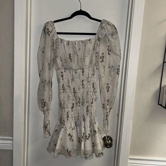 Nasty Gal White Floral Bodycon Smocked Ruffle Cottegecore Fairy Dress Size 4 - Picture 5 of 10